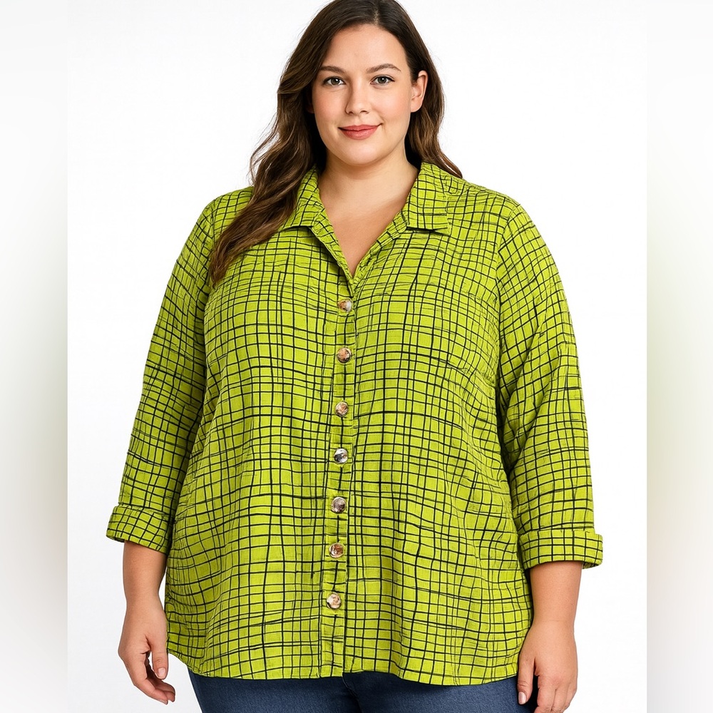 CMC Color‎ Me Cotton Women's XL 100% Linen Button Front Shirt Lime Green Grid